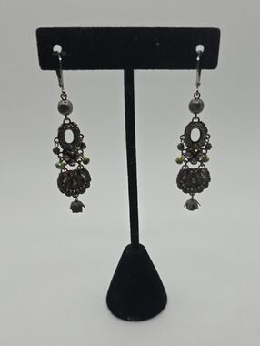 Ayala Bar Vintage-Inspired Silver Dangle Earrings with Green Accent Beads